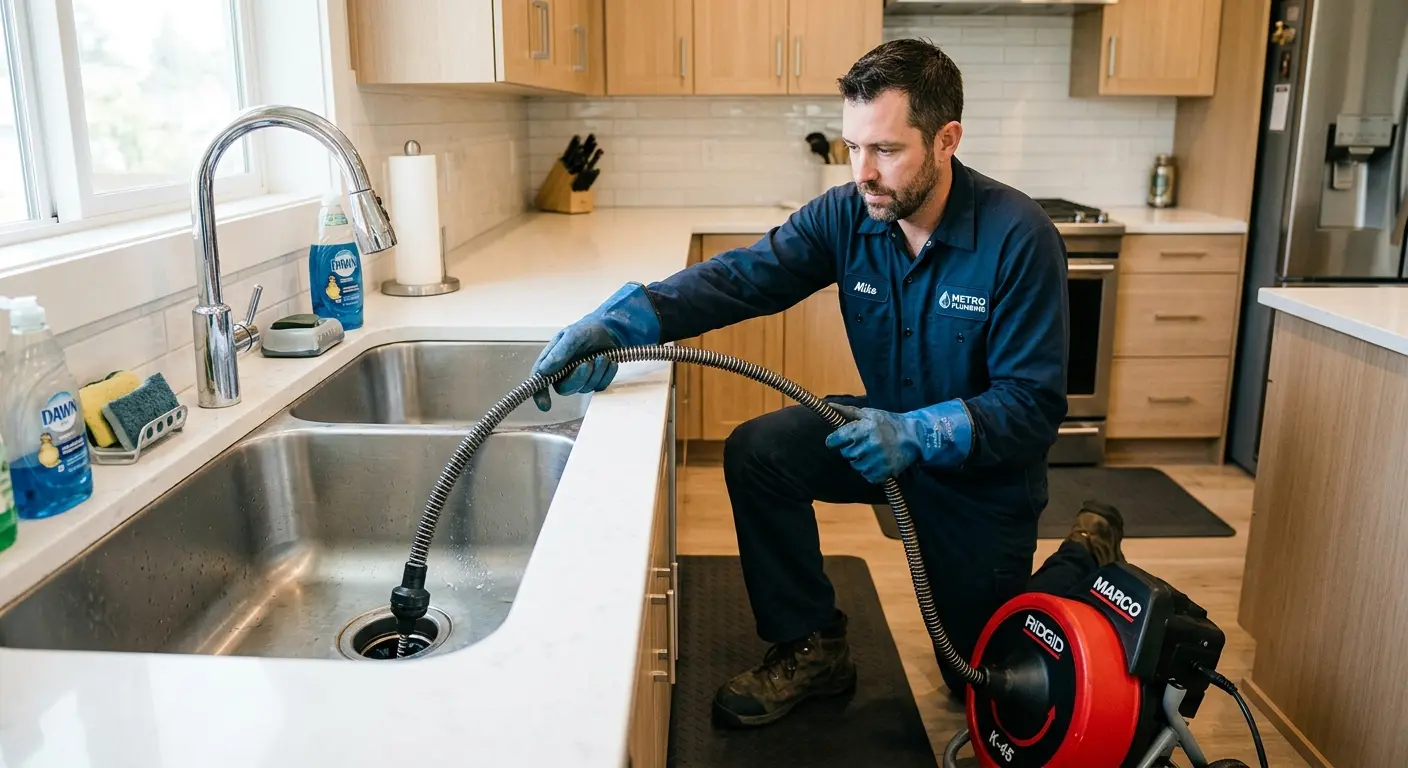 Drain cleaning technician using a motorized snake on a kitchen sink in Highland Village