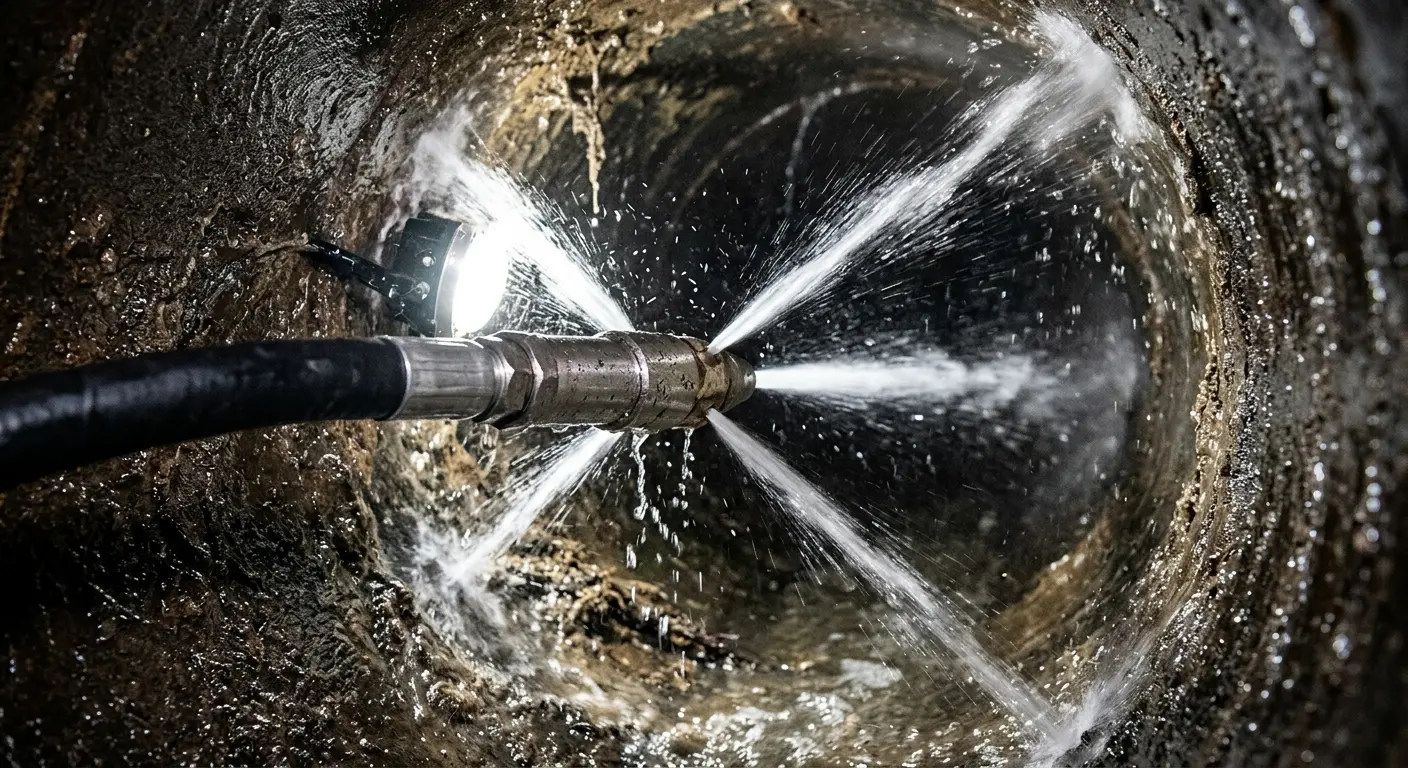 High-pressure hydro jetting nozzle cleaning sewer pipe for Trenchless Sewer Repair in Highland Village