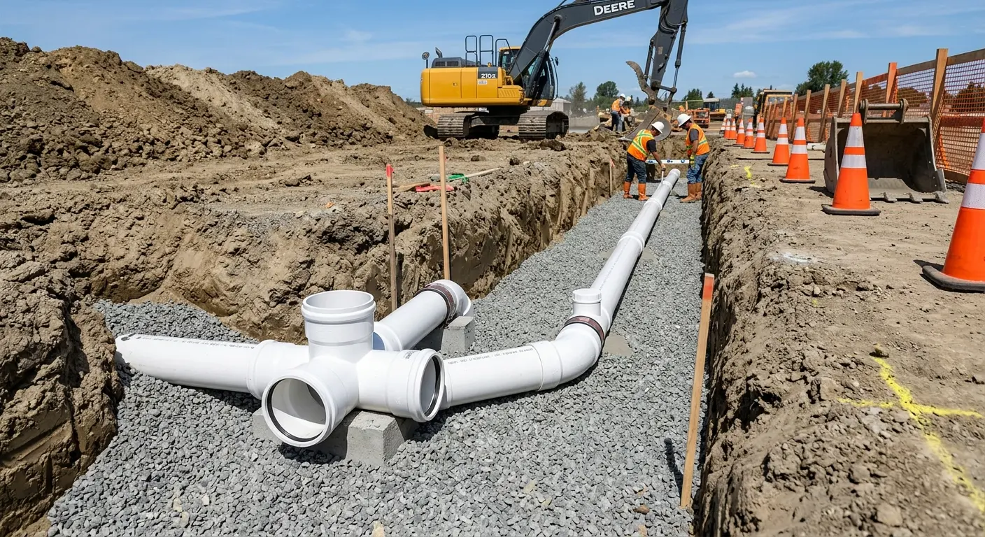 New PVC sewer pipe installation in open trench for Sewer Backup in Highland Village