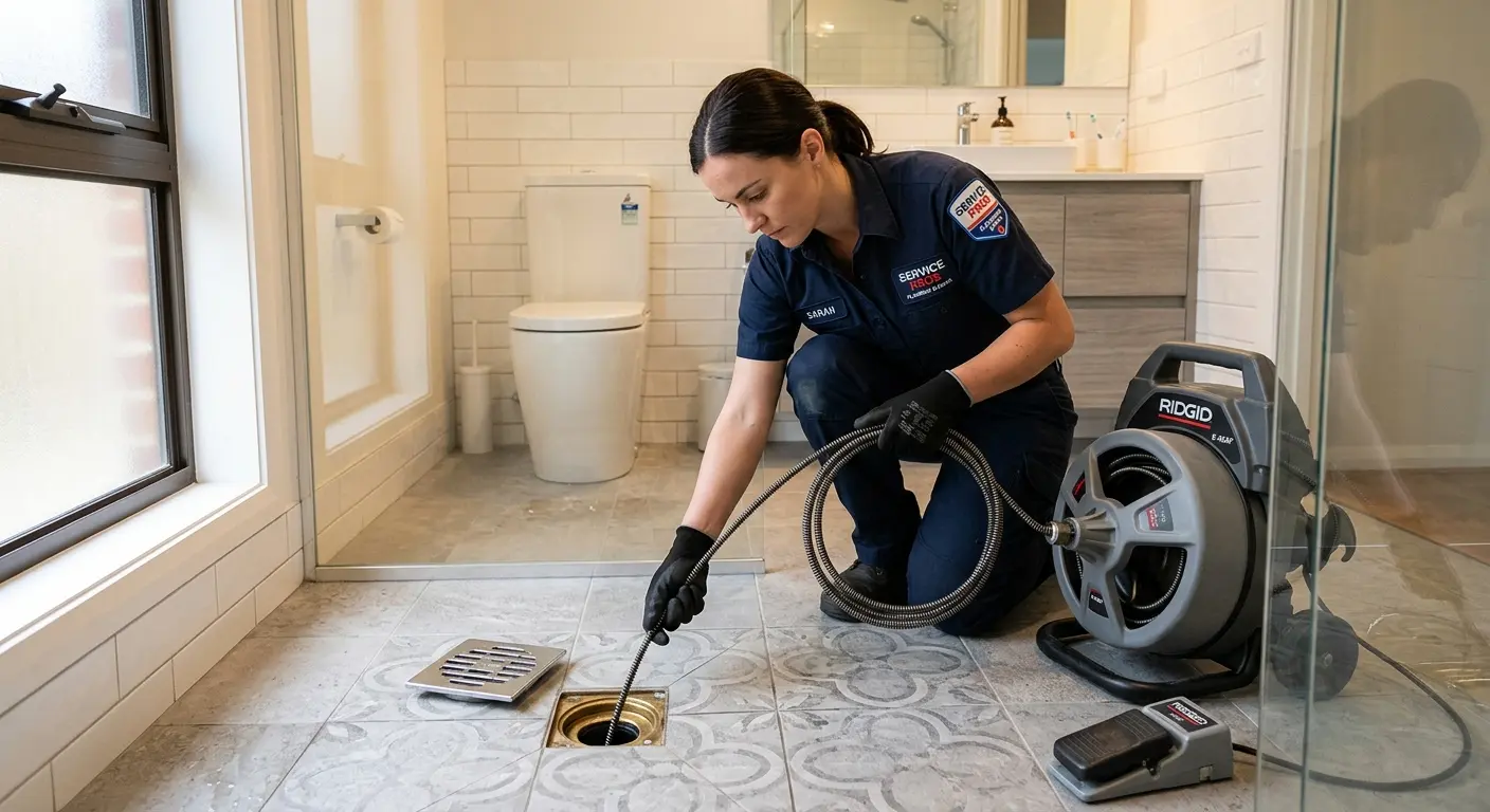 Technician clearing a bathroom floor drain for Drain Cleaning in Highland Village
